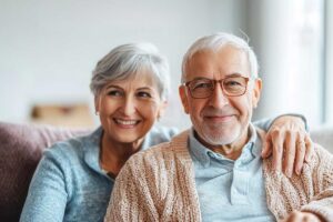 An older adult reviews healthcare documents with a trusted family member at a kitchen table.