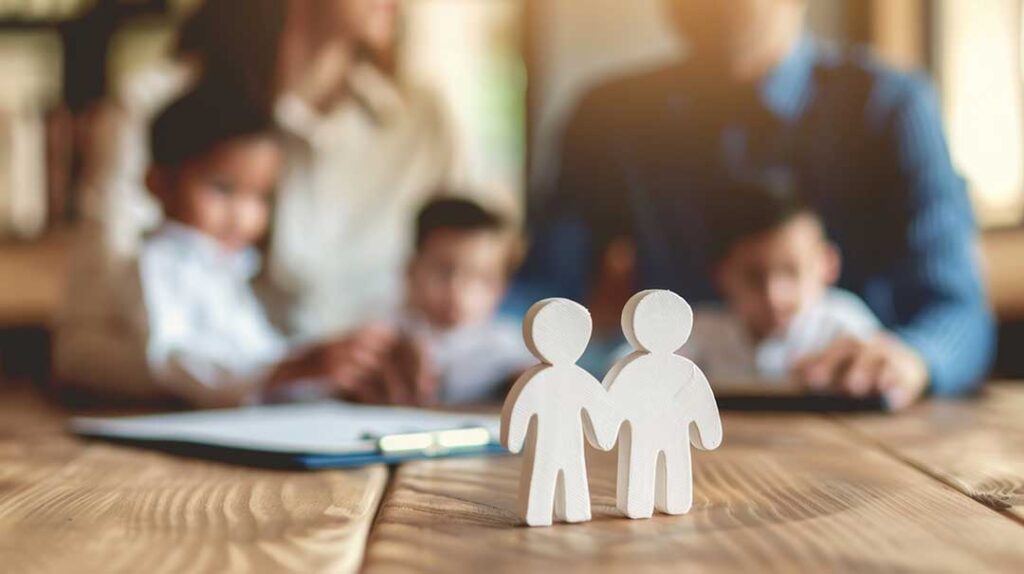 A family sitting together at a dining table reviewing paperwork and estate planning documents.
