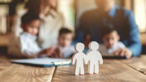 A family sitting together at a dining table reviewing paperwork and estate planning documents.