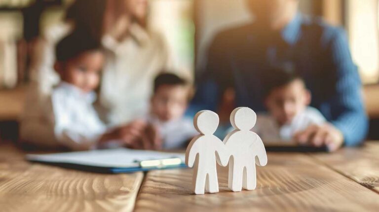 A family sitting together at a dining table reviewing paperwork and estate planning documents.